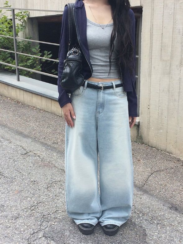 Bomshu Wide Washing Denim Long Pants