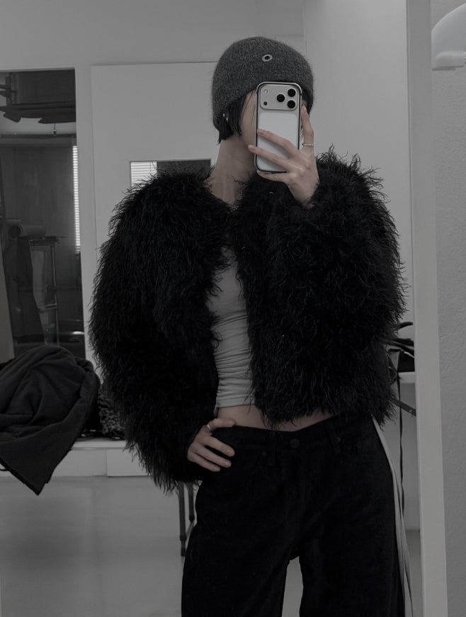 Eyelet Angora Fur Short Beanie