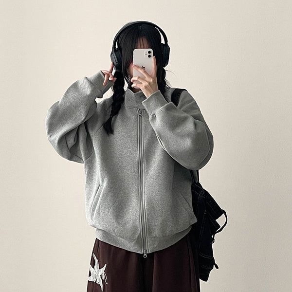 Tei Two-button snap neck boxy fit zip-up jumper
