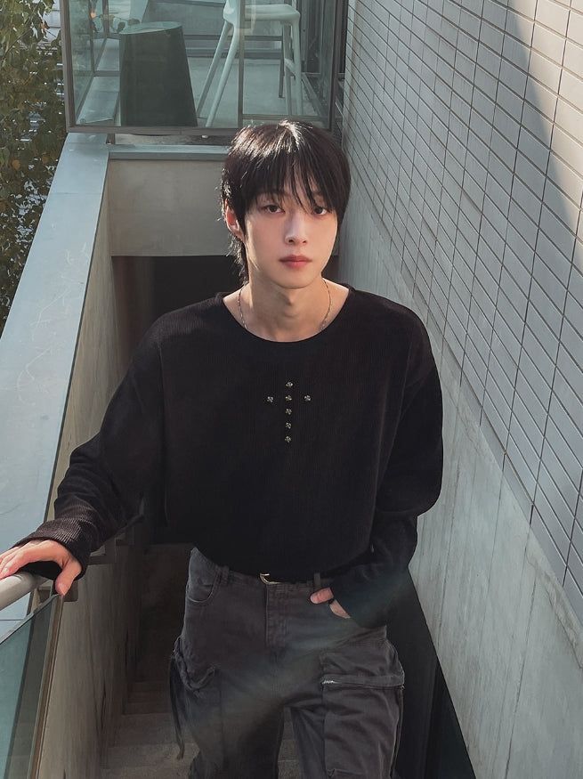Crossing Rivet Ribbed Long Sleeve