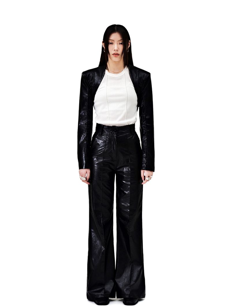 PIN-TUCK STRAP LEATHER BOLERO JACKET