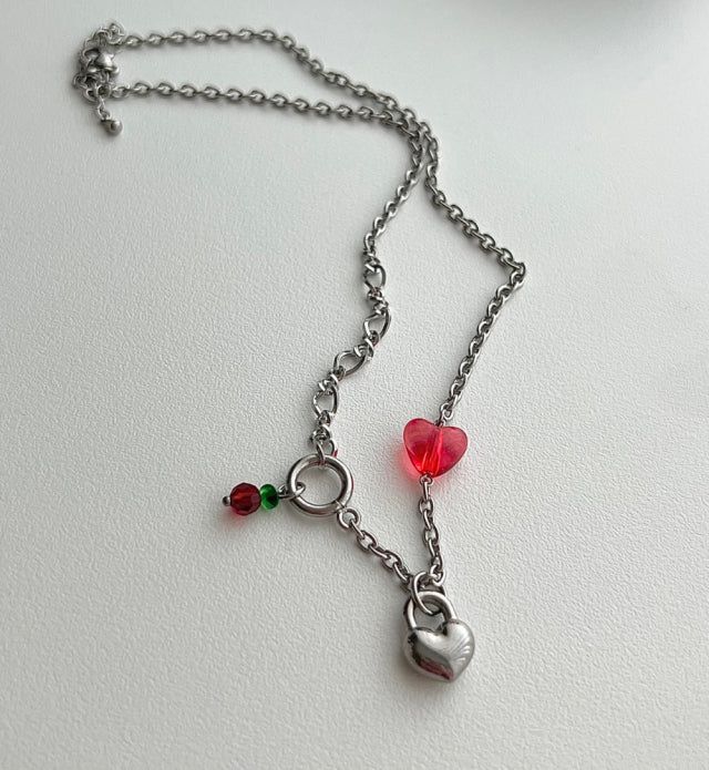 chi Kitchee Cherry Beads Heart Lock Handmade Necklace