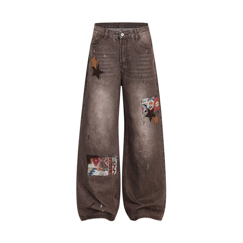 Brown Star Patch Washed Denim Pants