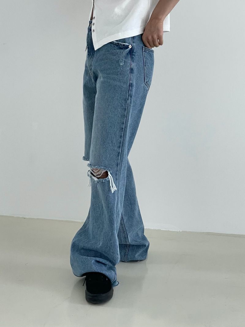 Damage cutting wide denim pants
