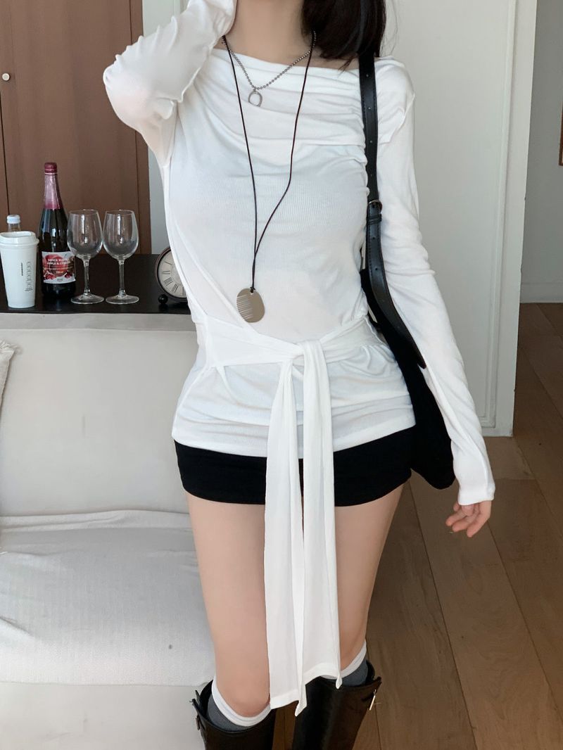 Loving Front Wrap Tie Boat Neck Long Sleeve Tee 