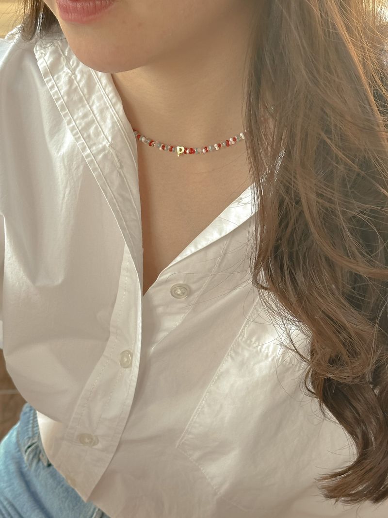 Coral Blue Beads Initials Necklace