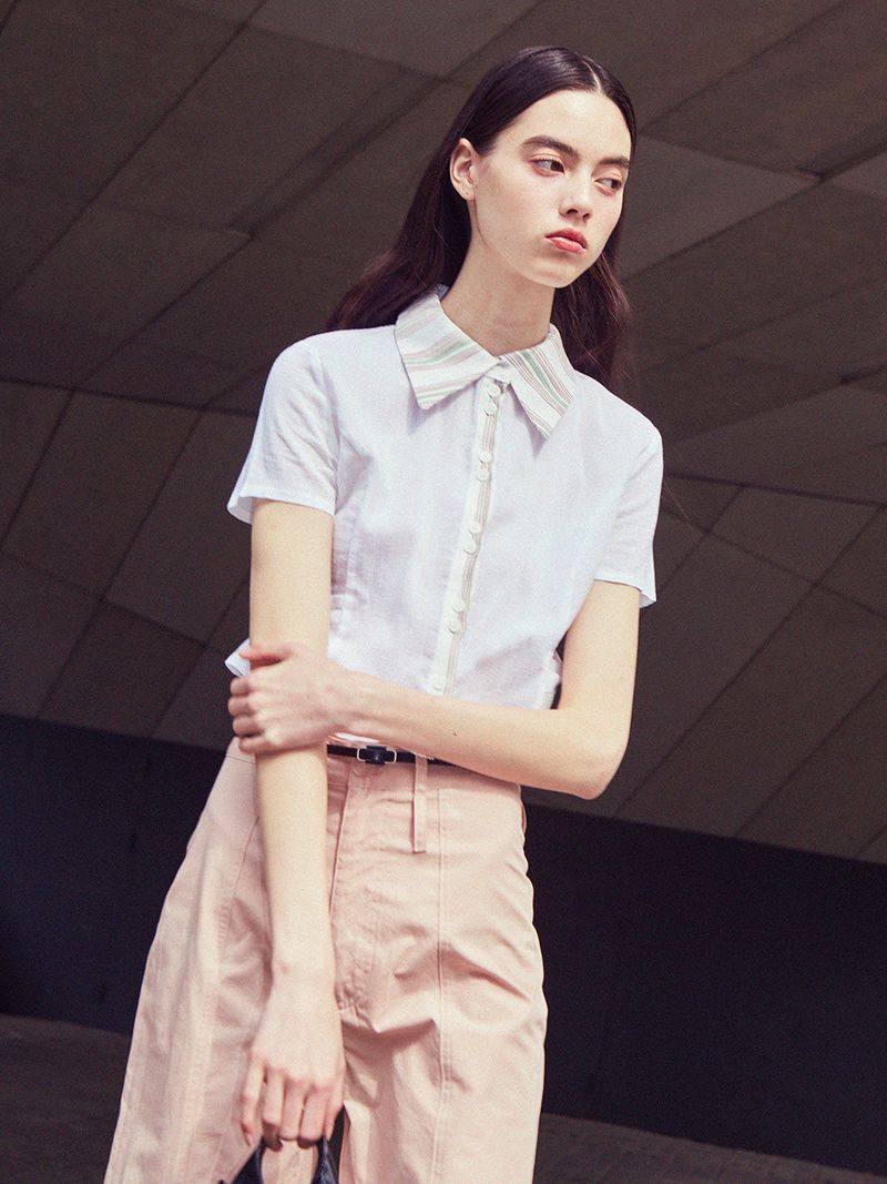 [LINE] Two Button Stripe Blouse (Ivory)