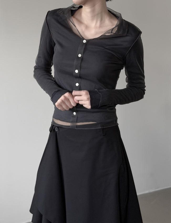 mnem（ムネム）の「Folden Mesh Layered Collar Tee（Tops）」
