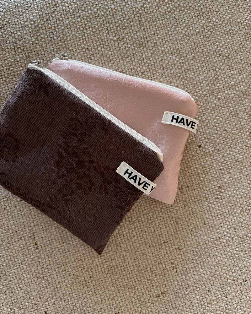 Linen floral flat pouch - brown , S size
