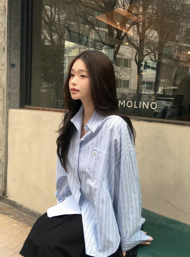 Today Loose Button Wrap Stripe Shirt (3color)