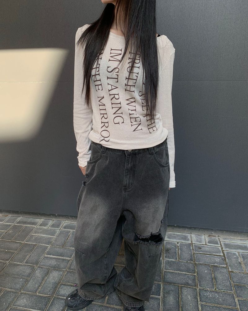 (Unisex) ボタンダメージデニムパンツ