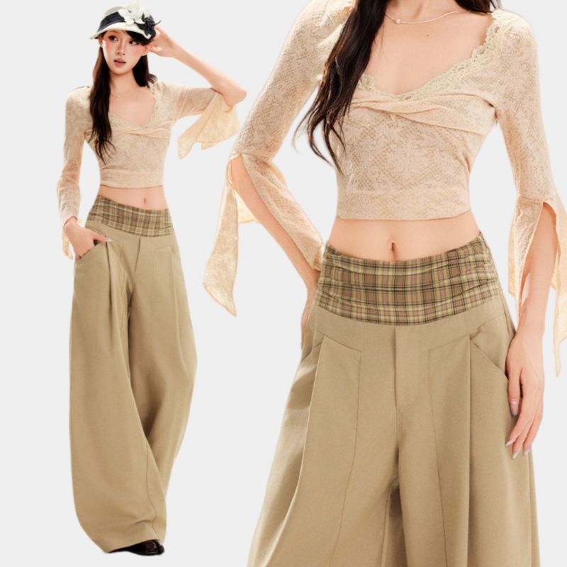 La mode MAQI（ラ モード マキ）の「カーキチェックワイドレッグエラスティックウエストトラウザーズ（パンツ）」