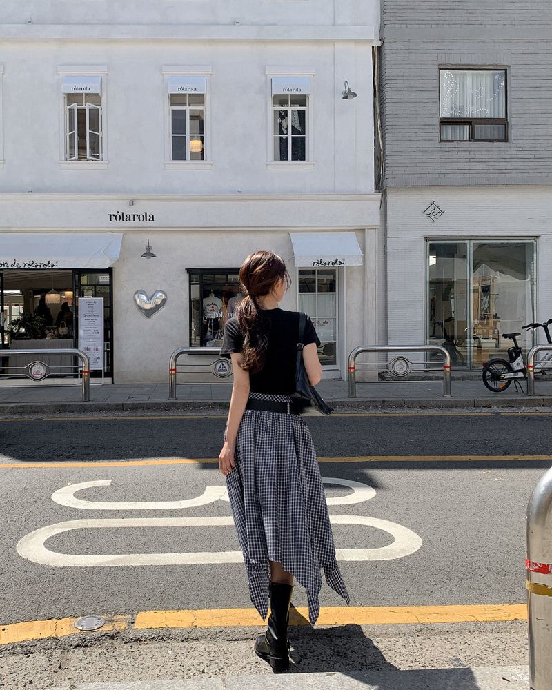 Morang check skirt & belt set