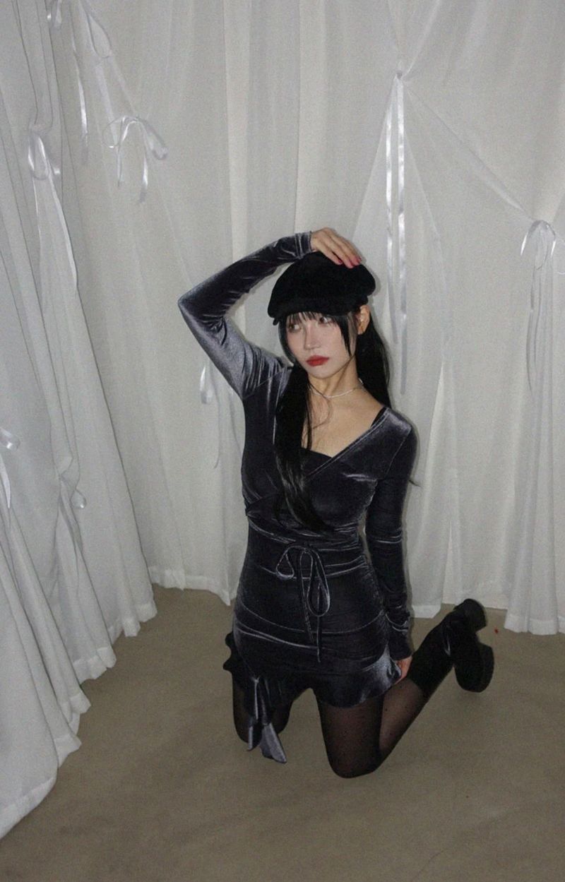 MOUSSE VELVET TUBE FRILL MINI DRESS WITH WRAP CARDIGAN SET (3COLORS!)