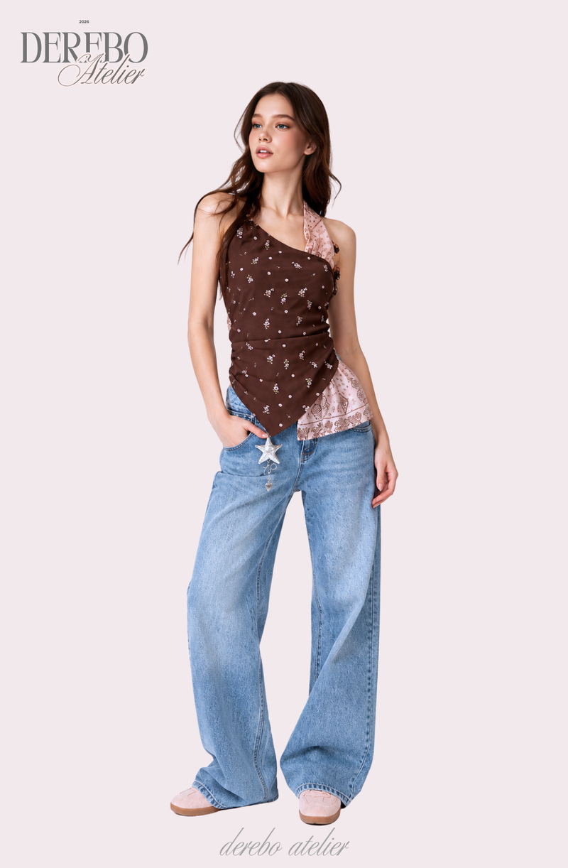 Pink brown scarf unbalanced sleeveless top