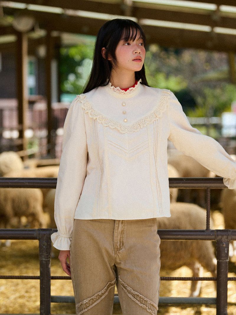 High-Neck Lace-Frill Blouse (Beige)