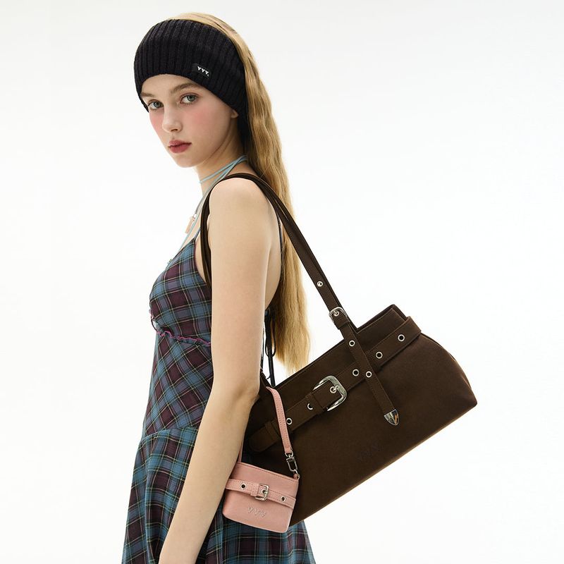 Suede Buckle Strap Tote Shoulder Bag _ Dark Brown