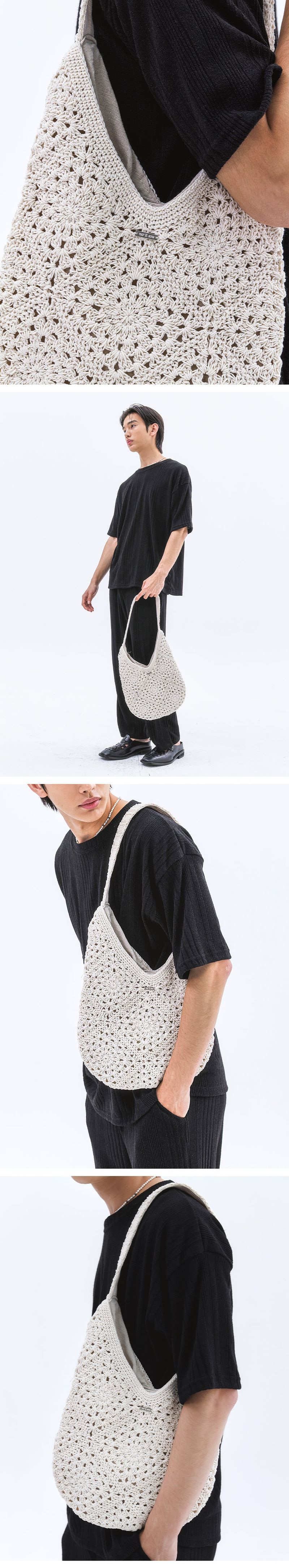 Floral Crochet Round Shoulder Bag_White  