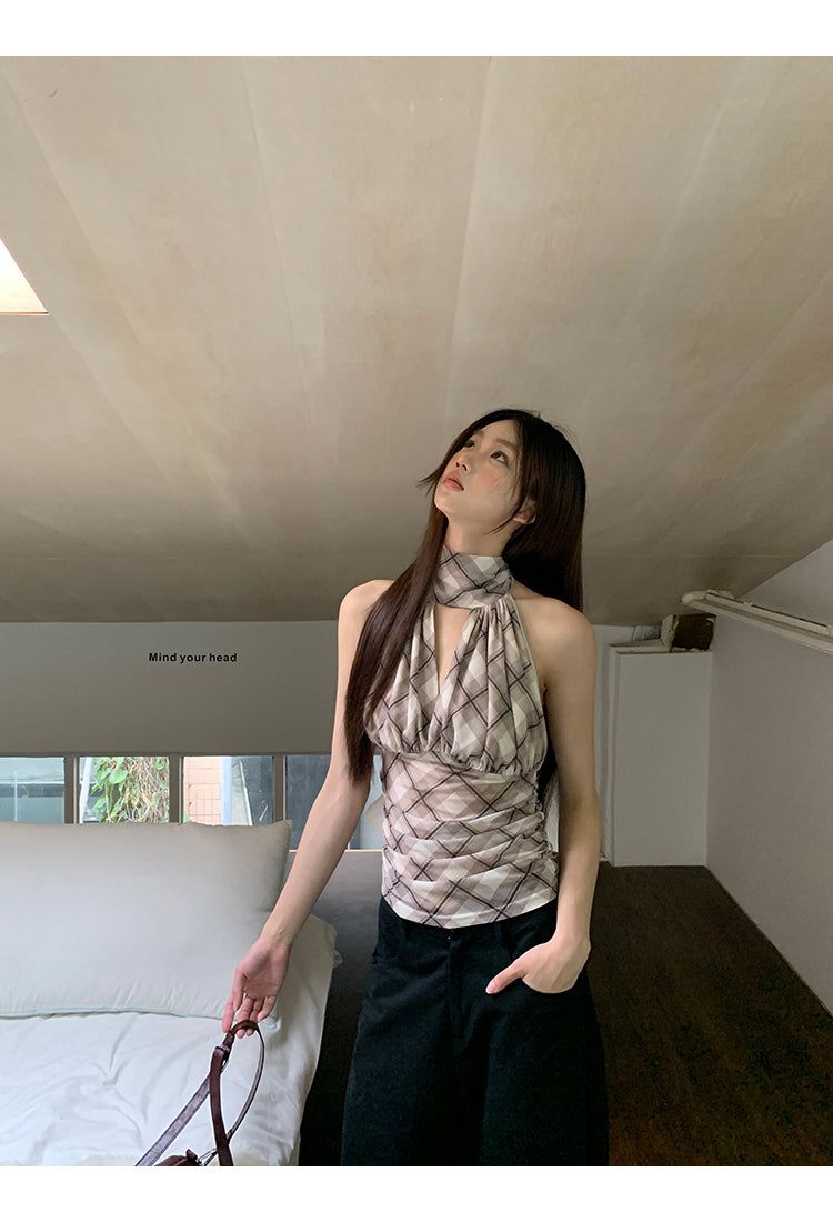 chiffon checkered halter neck sleeveless blouse top