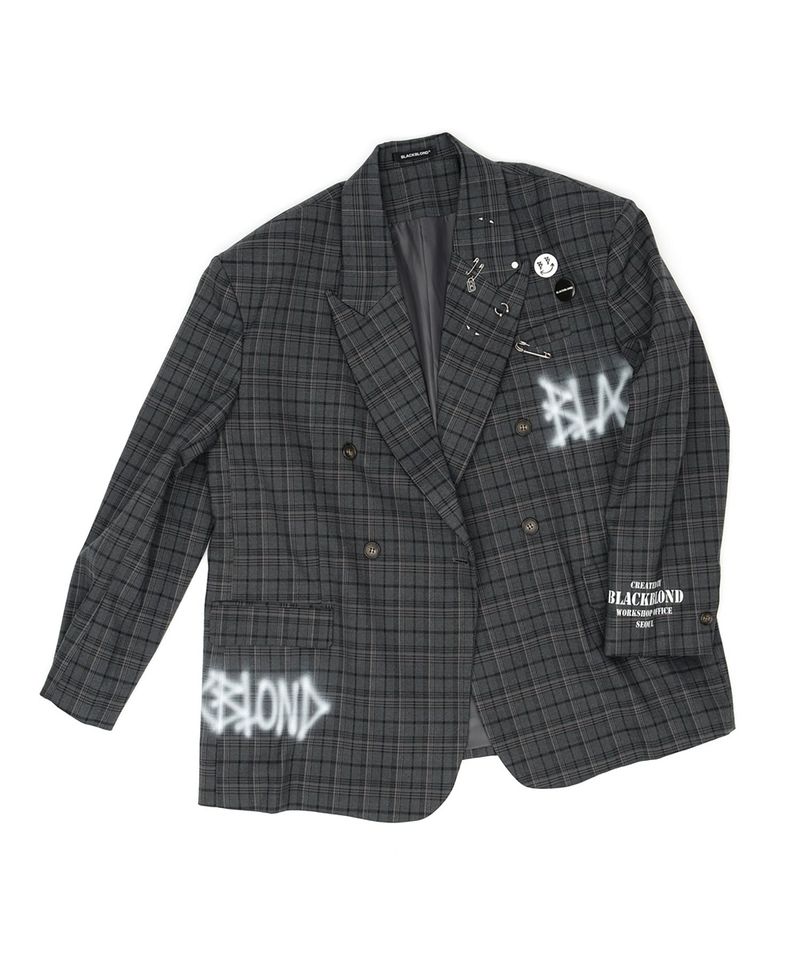 BBD Graffiti Logo Piercing Plaid Oversized Blazer (Charcoal)
