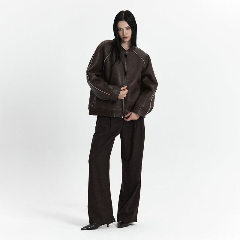 C LINE TRIM FAUX SHEARLING JACKET_BROWN