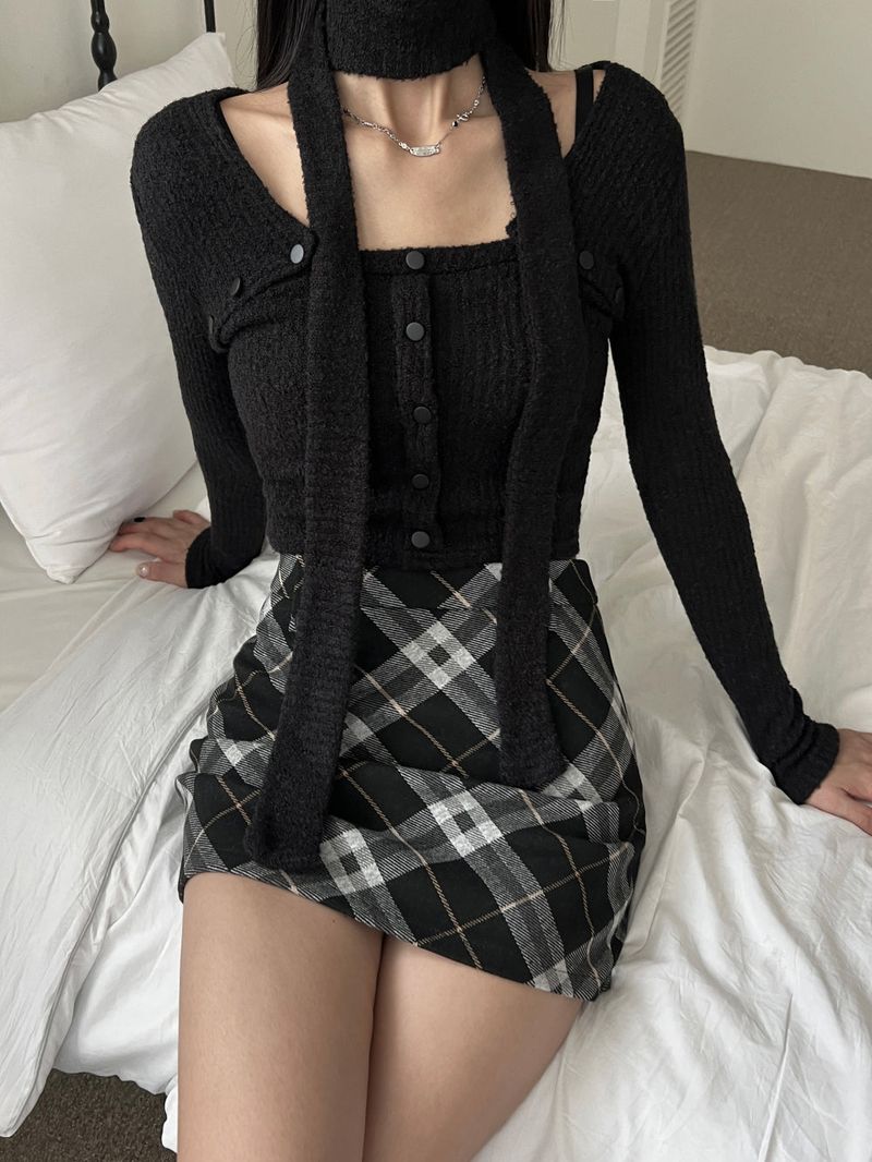 Winter wool square neck button ribbed long sleeve muffler SET (3 colors)