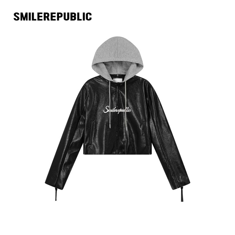 Unisex PU-Coated Faux Leather Cropped Hooded Zip Jacket