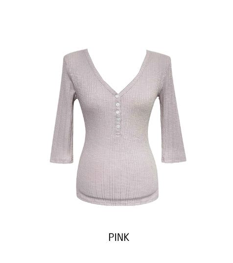 Ringo Button V-Neck Three Quarter T-Shirt