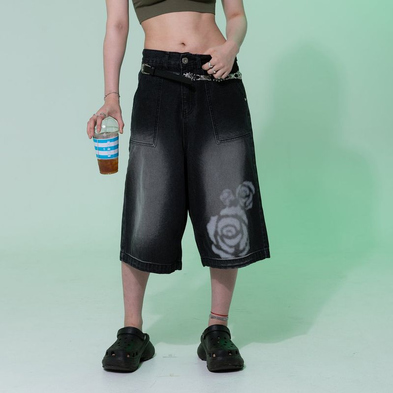 Fire Rose Bermuda Denim Pants Black