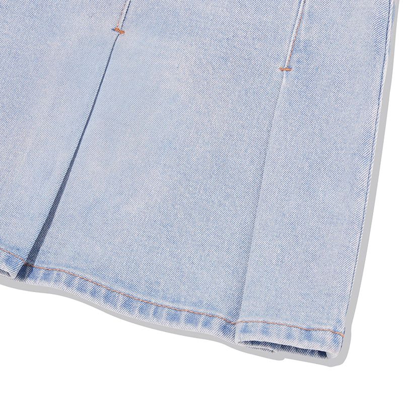 CHERRY DENIM PLEATS MINI SKIRT [LIGHT BLUE]
