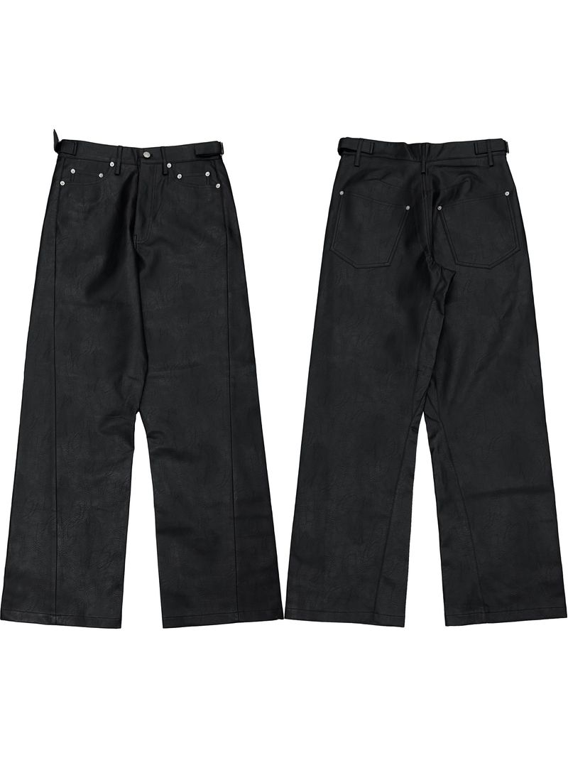 [unisex] side buckle leather wide pants