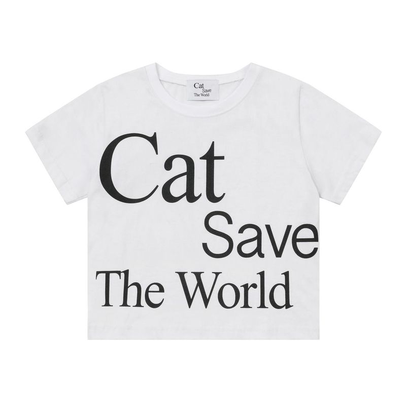 Cat Save The World Crop T (Black, White)