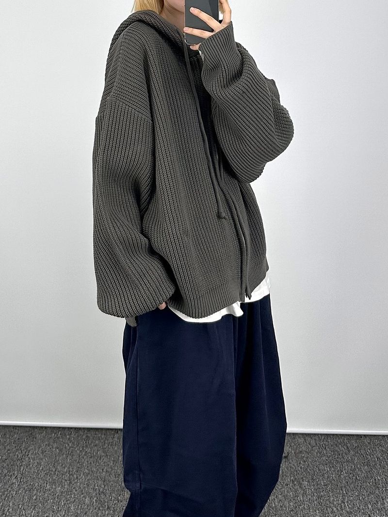 Warm hooded knit zip-up