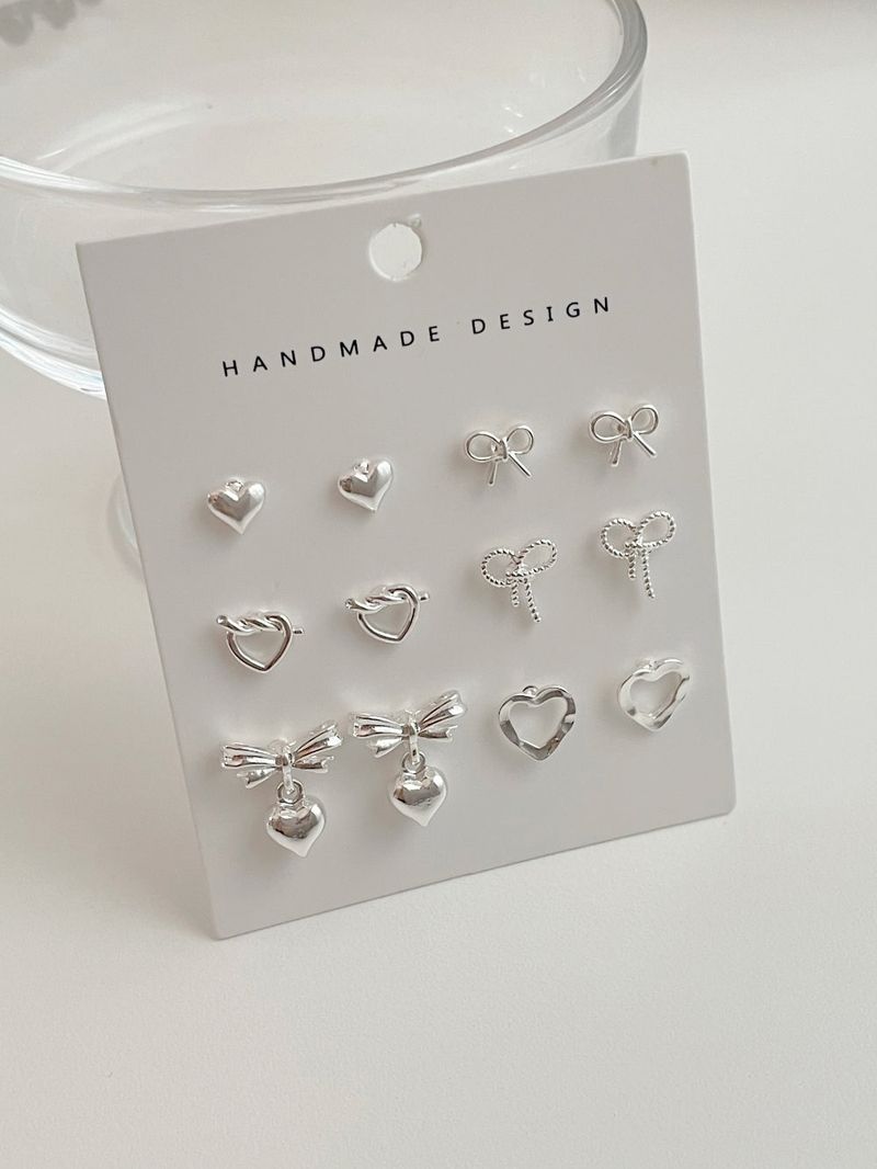 [6 set] shining ribbon heart earring set / 2 colors / lovely layered daily ballet core