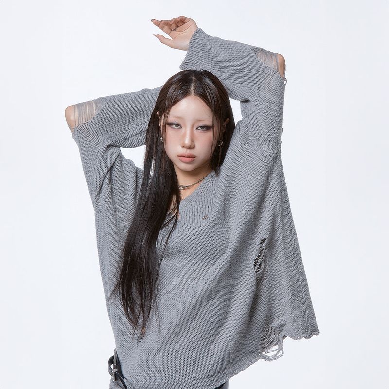 DAUSPICE(DUC)（ダウスピス）の「(DUC) Damaged Loose-Fit Knit Gray（Tops）」
