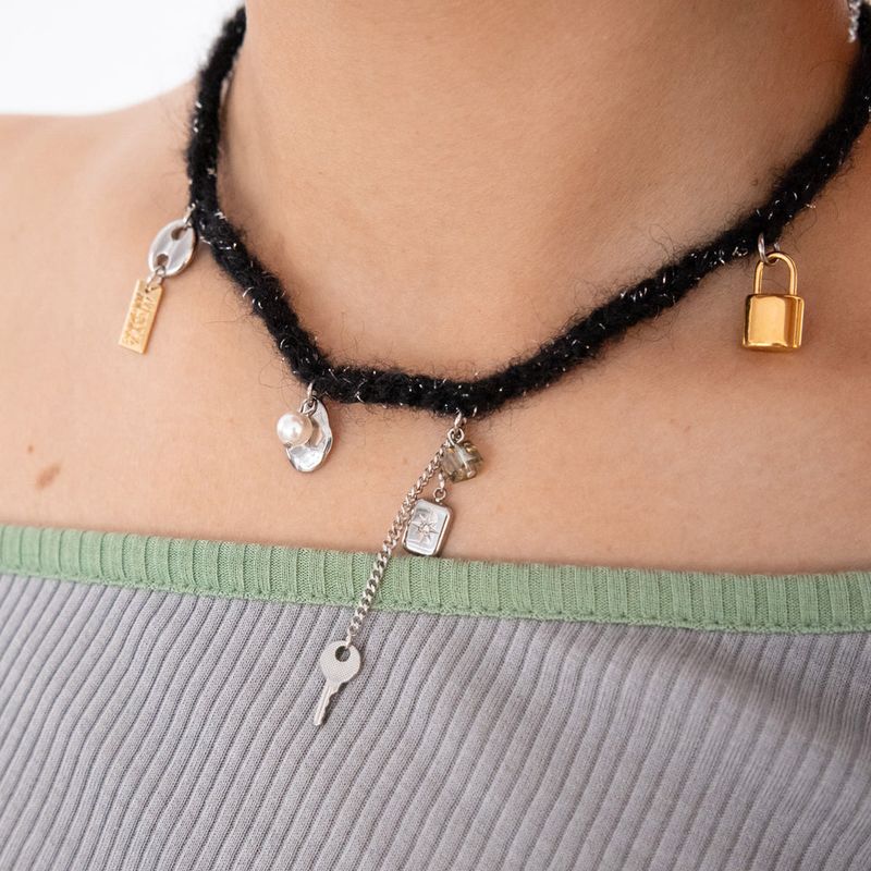 Wool black knit with unique objects necklace