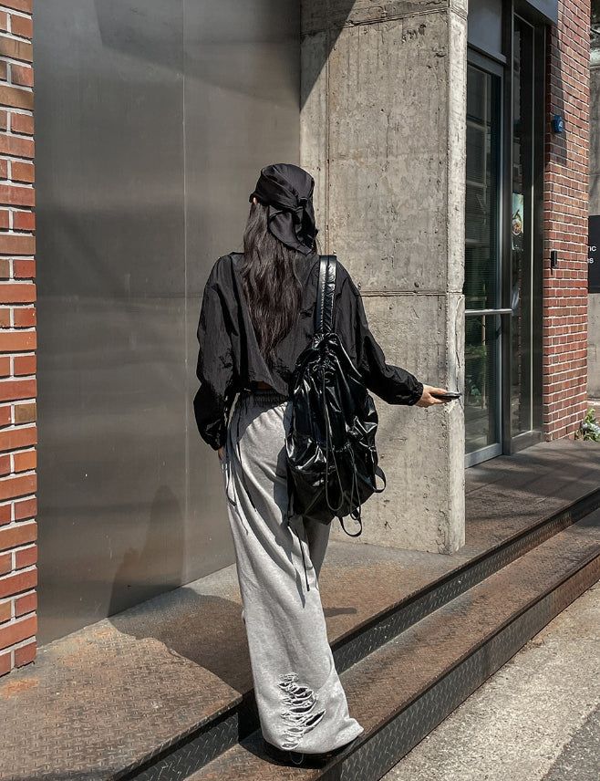 Sunlit strap shirring nylon zip-up jacket
