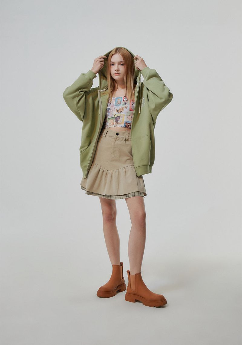HEAVY WEIGHT OVERFITTED UNIVERSITY LOGO EMBROIDERY HOODIE ZIP UP_ SAGE GREEN