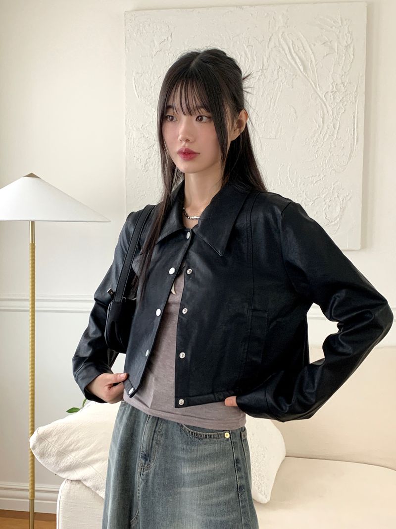 [MADE] Lawson wide collar slim crop crack leather leather jacket