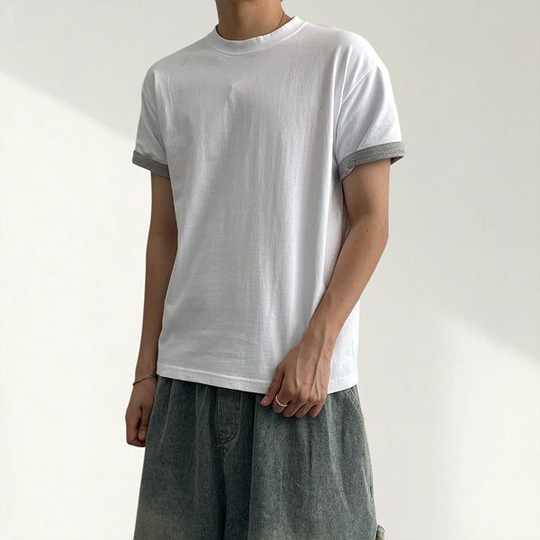 クリーカラーブロックレイヤードロールアップ半袖Tシャツ (8 colors)