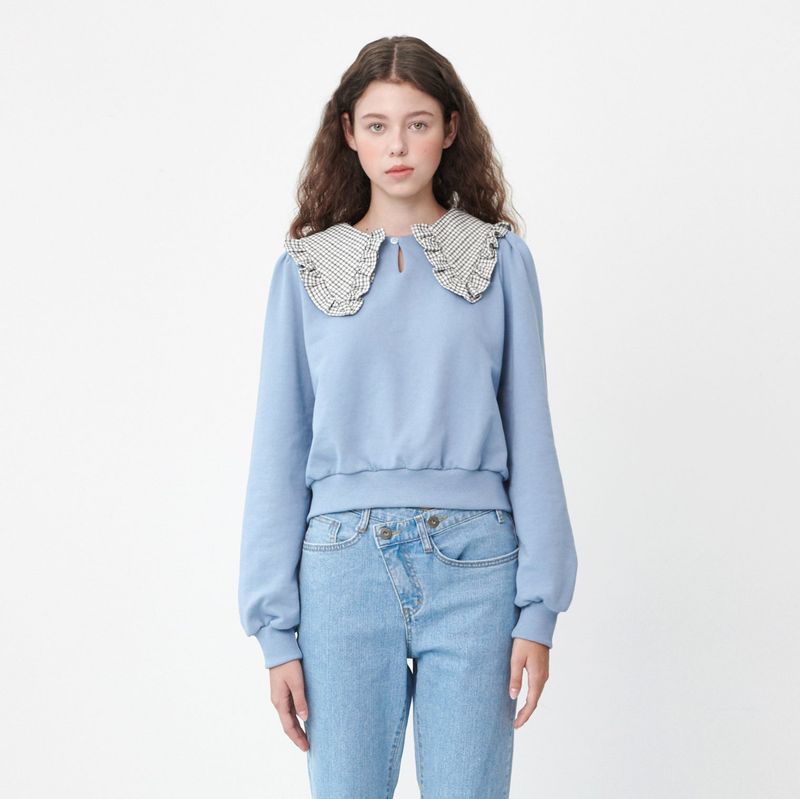 CHECK COLLAR CROP SWEATSHIRT_PASTEL BLUE