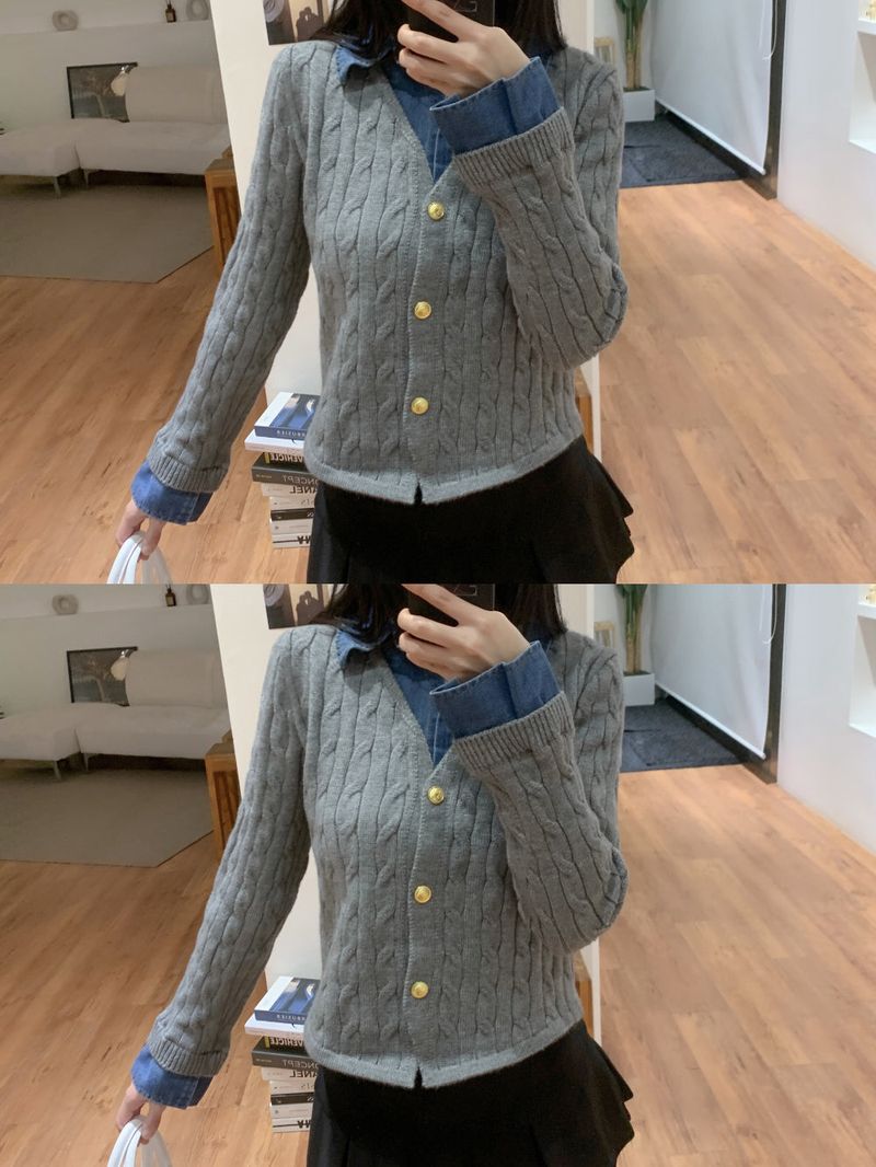 Perry Denim-Layer Cable Knit Long Sleeve Cardigan