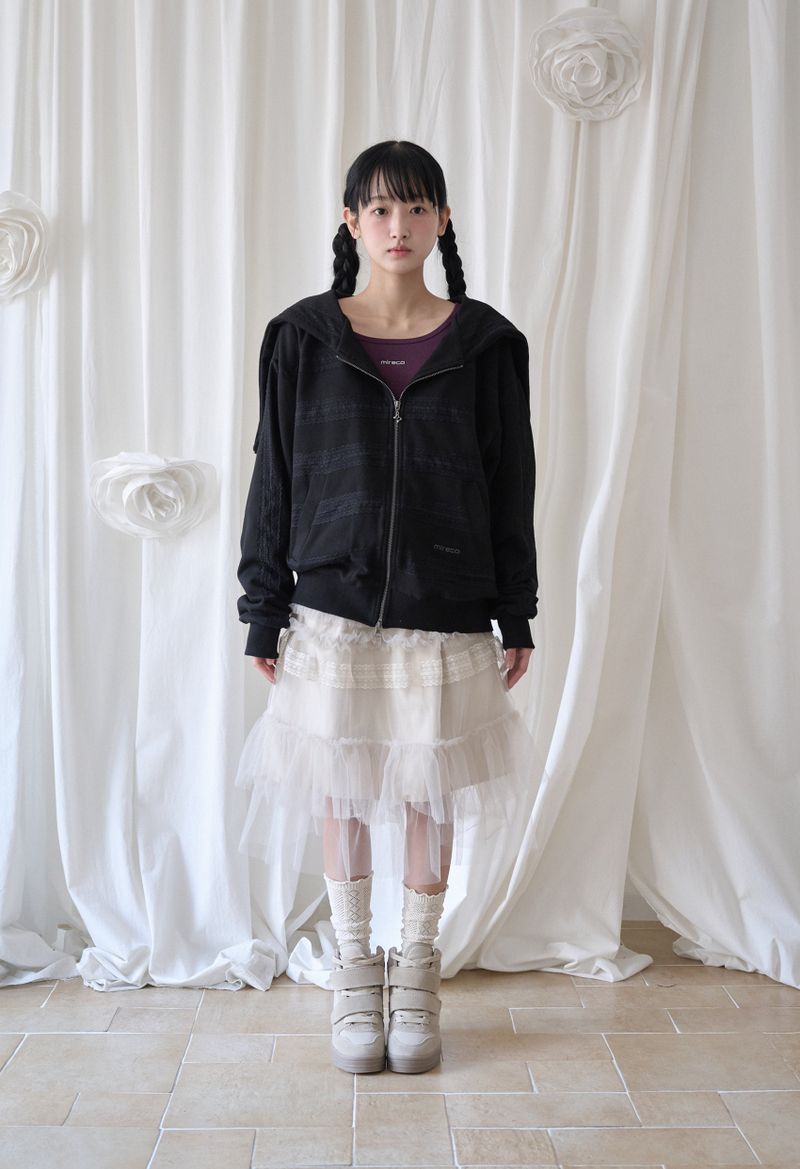LACED TWOFOLD HOOD ZIP-UP BLACK