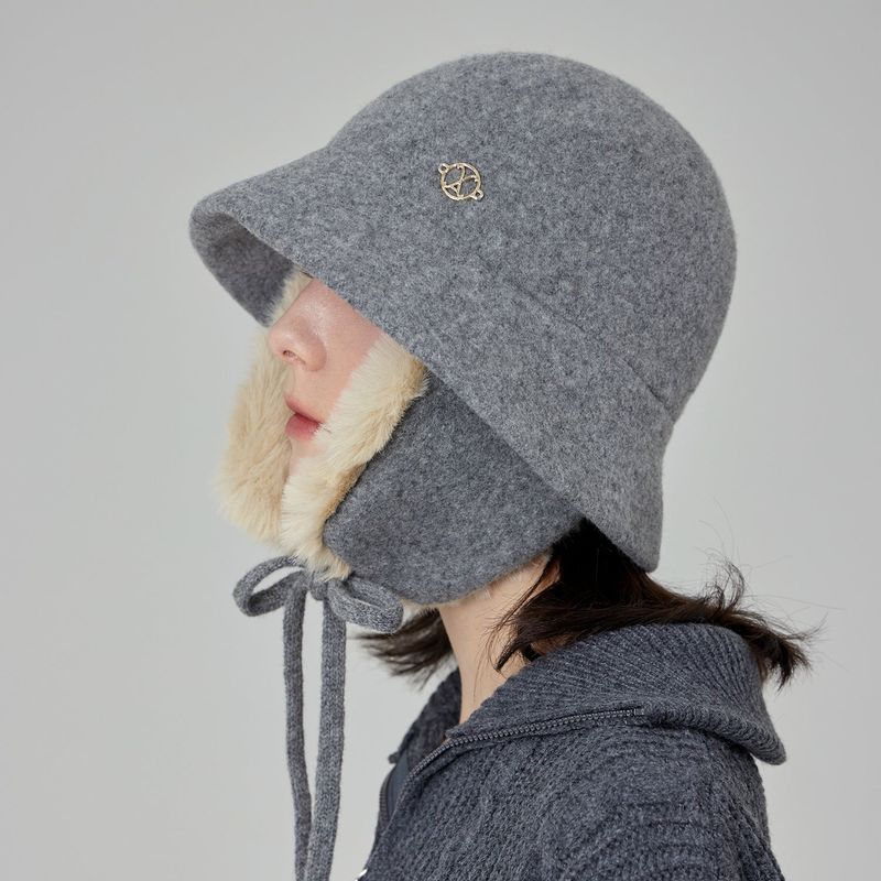 VA Curved Circle Logo Wool Blend Flap Bucket Hat / Melange Gray