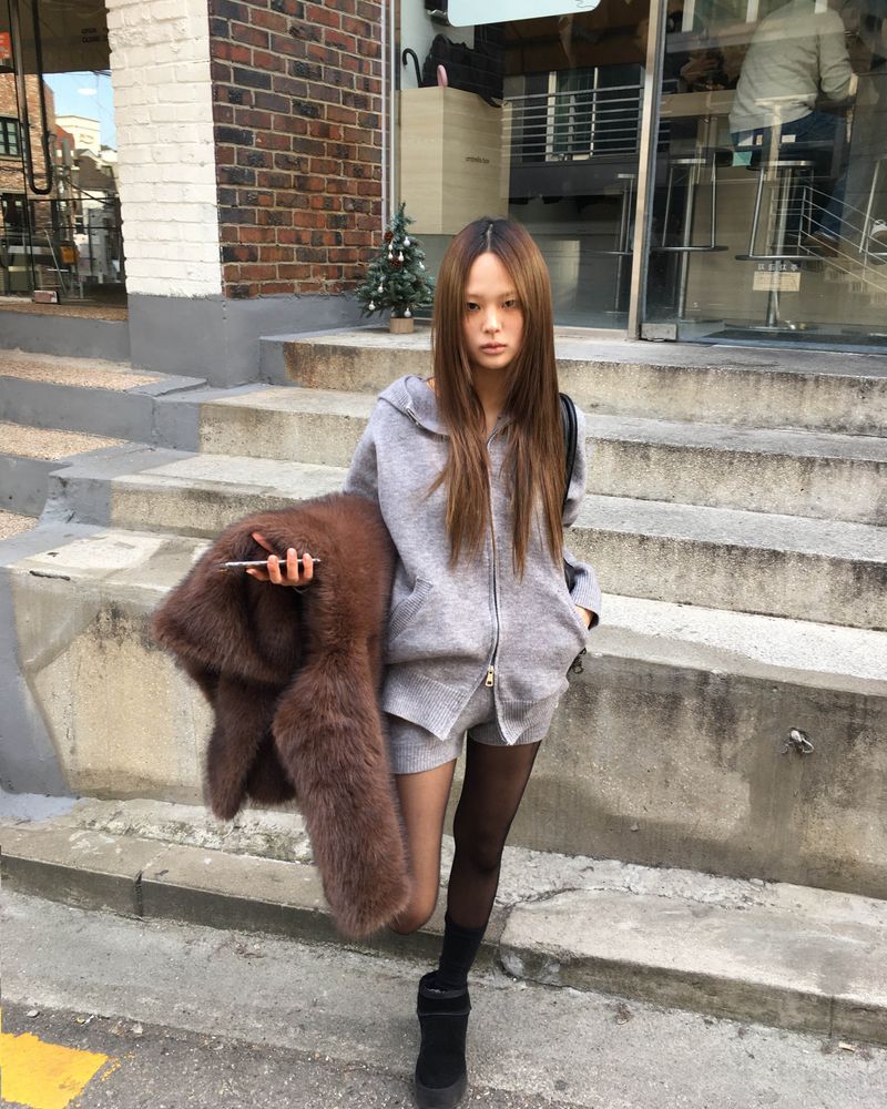 Grey knit hood jumper set