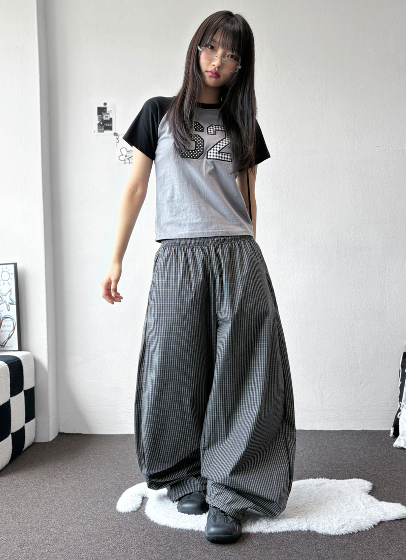 Fluffy Check Elastic Waist Balloon Pants 2Color