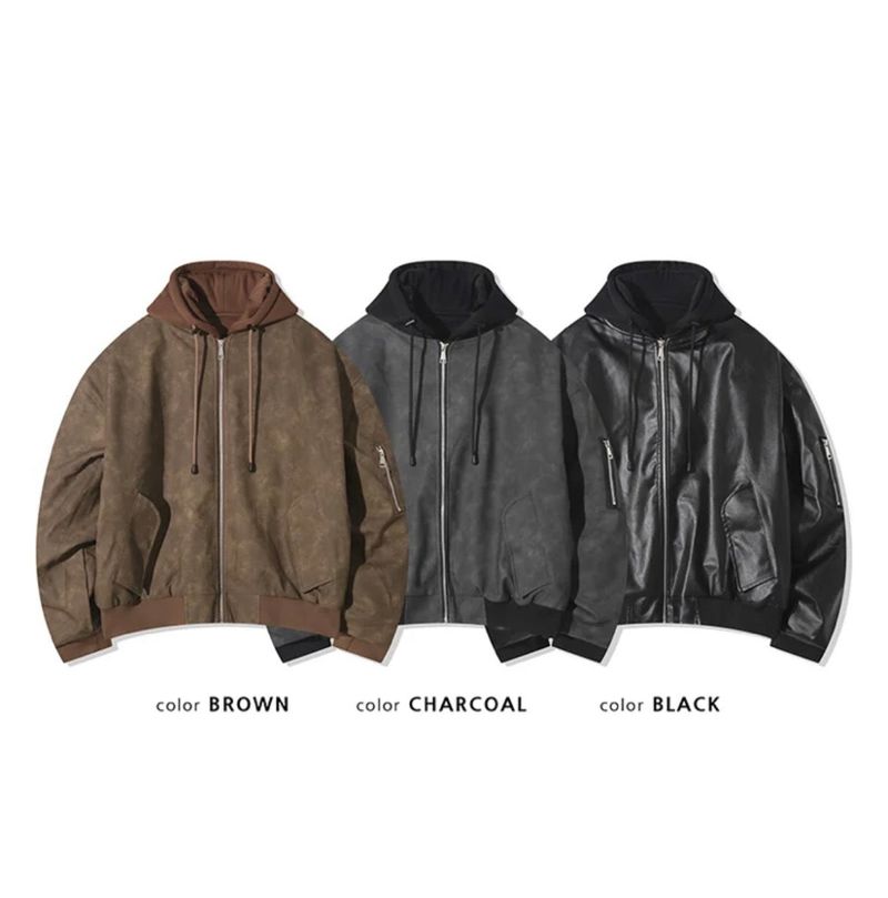 Hood layered leather blouson(3color)