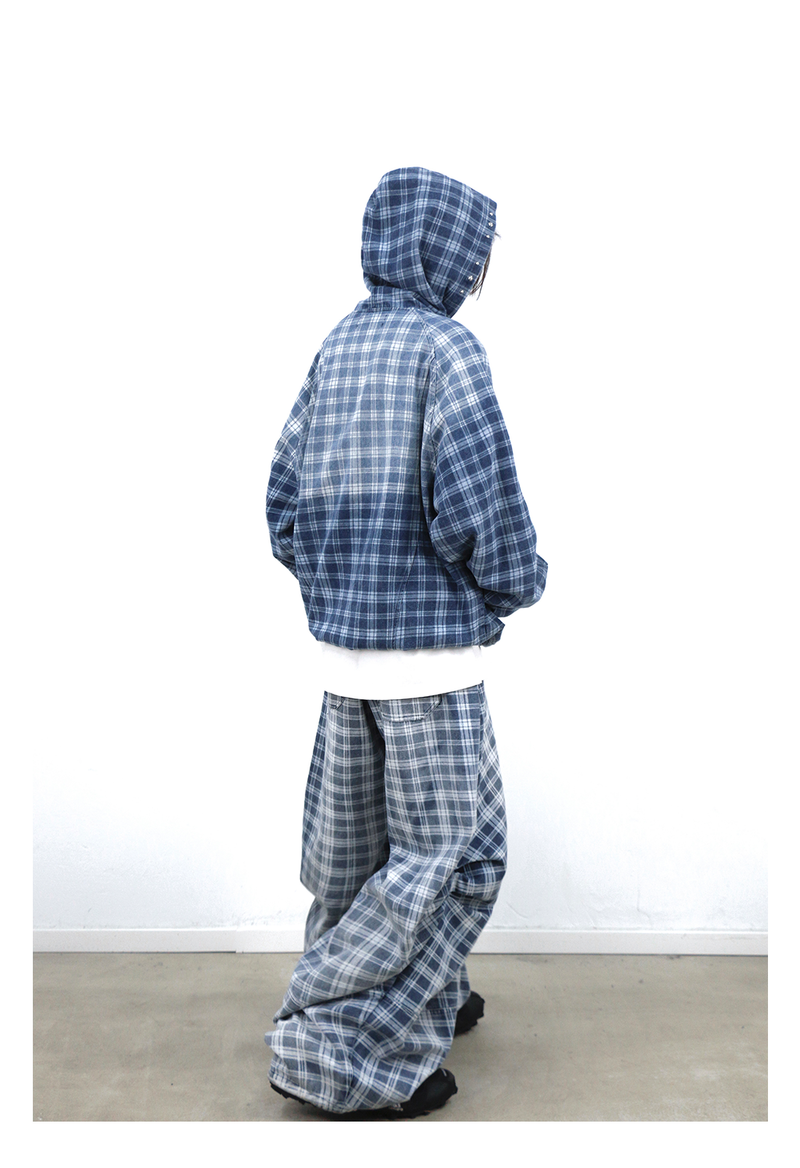 RELABEL (Gemeng) Stud-embellished, printed, gradient-wash checked hooded denim sweatshirt