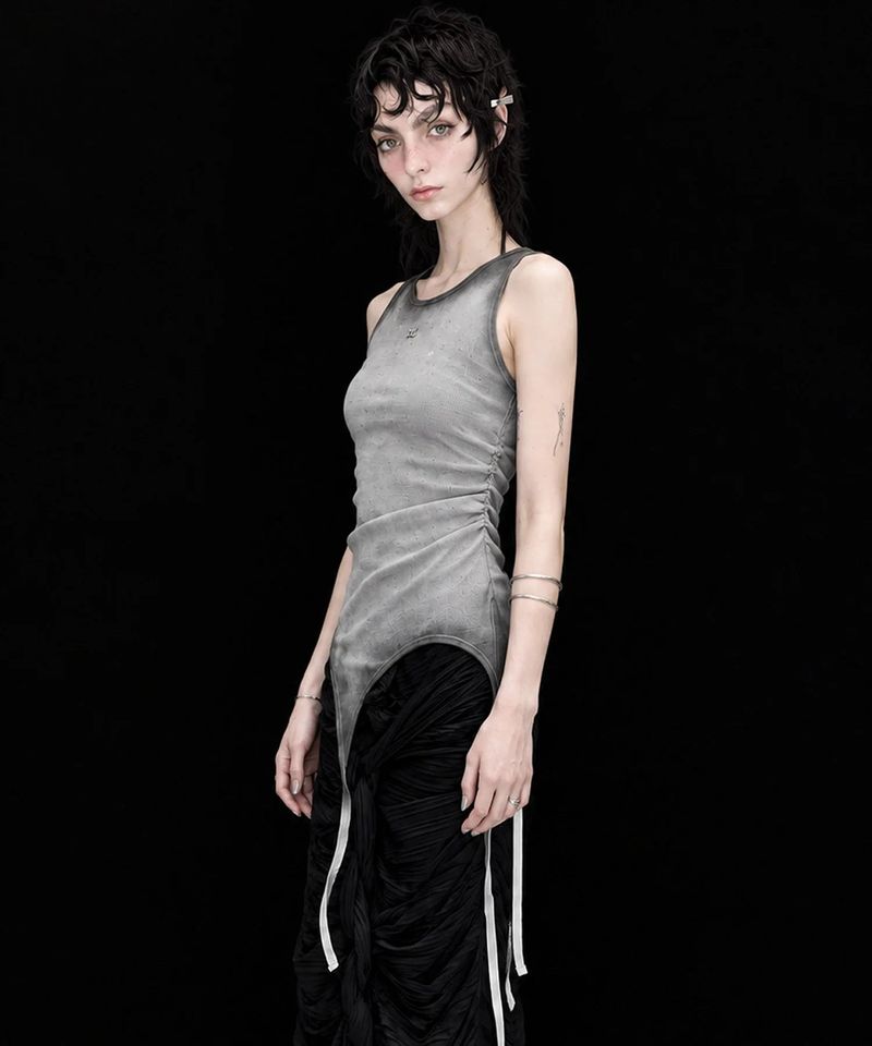 Back Slit Waffle Shirring Top_GRAY