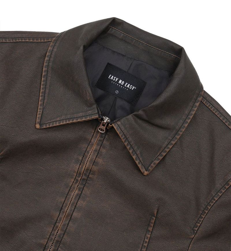 Washed Leather Crop Jacket - Brown